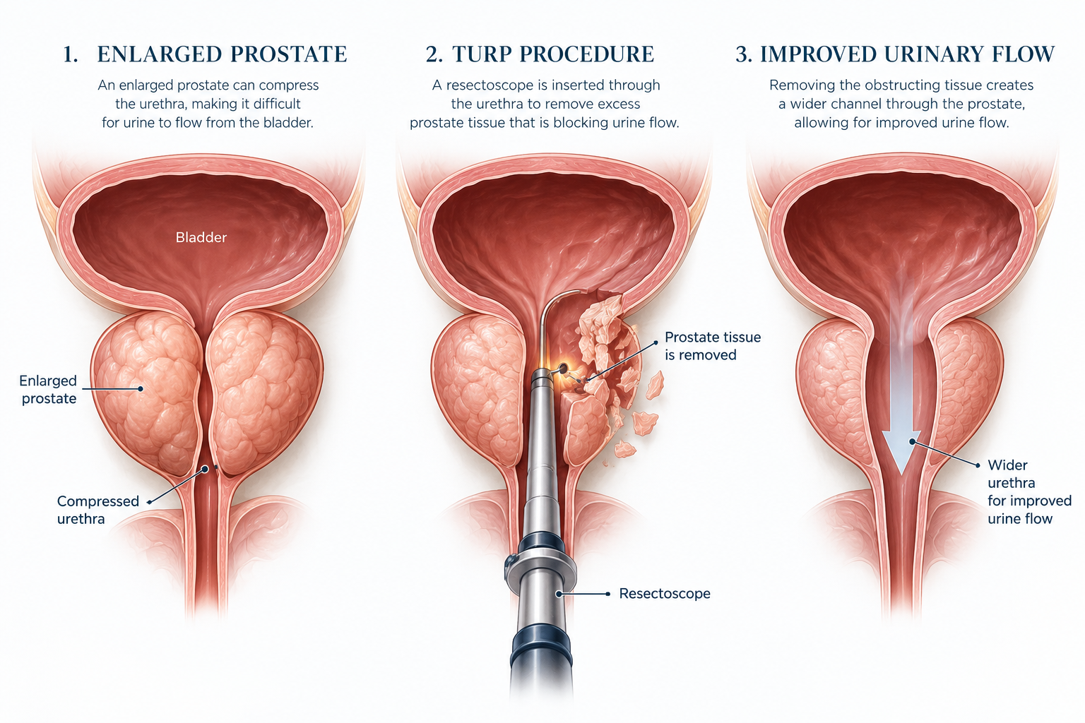 Illustration of enlarged prostate tissue, the TURP procedure, and improved urinary flow after treatment.