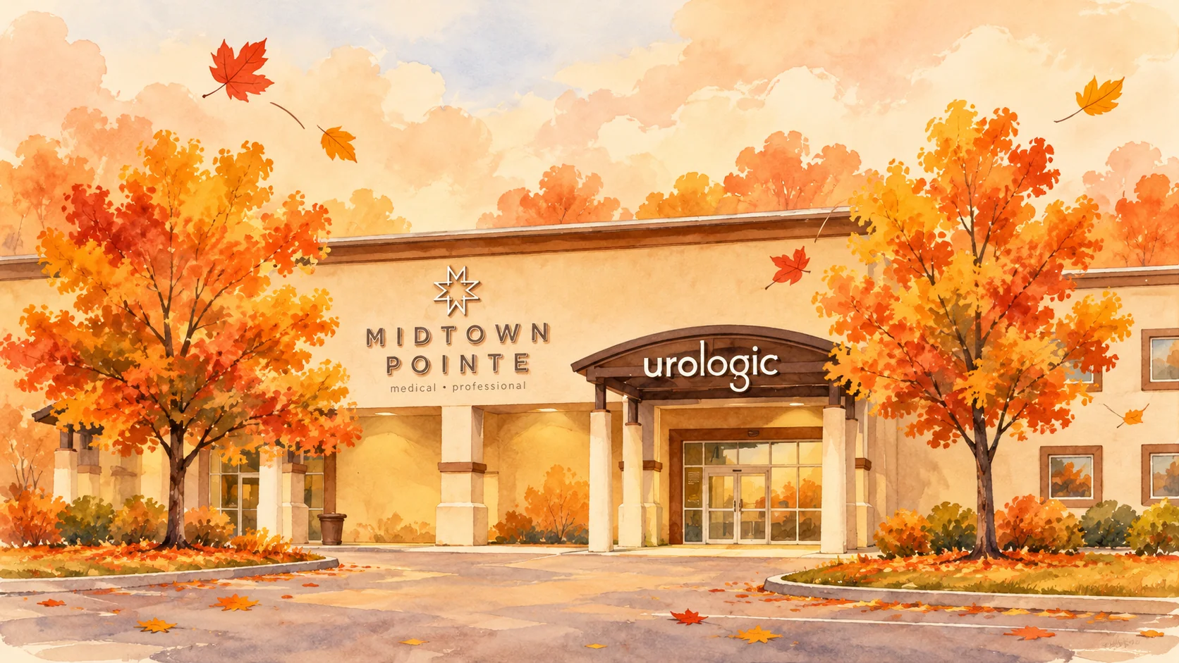 Watercolor illustration of Urologic surrounded by autumn trees